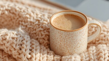 White coffee cup with a brown rim sits on a blanket. The cup is filled with coffee and has a few brown spots on it. The blanket is a soft, fuzzy material that covers the coffee cup