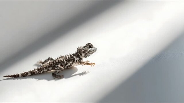 Tiny reptile standing on white surface in dramatic natural light