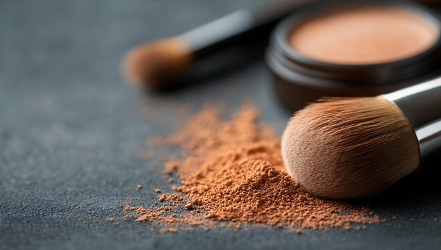 Loose bronzer powder spills near a makeup brush and compact, creating a beautiful, textured scene perfect for beauty or cosmetics advertising