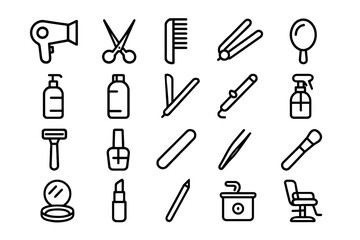 Fototapeta premium Hairdressing and beauty tools icons: scissors, comb, razor, lipstick, curling iron, mirror, tweezers