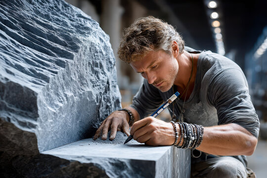 Sculptor chiseling detailed design on large stone block in workshop