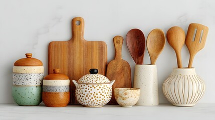 Collection of wooden kitchen utensils and bowls, including a wooden spoon, a wooden ladle, and a wooden spatula