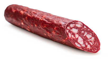 smoked sausages close-up on a white isolated background