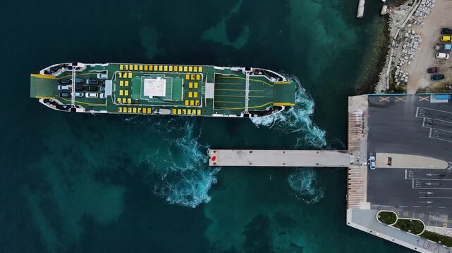 Aerial view of a ferry, carrying cars, docking at a pier in the turquoise waters of the Adriatic sea, Korcula, Dubrovnik-Neretva County, Croatia.