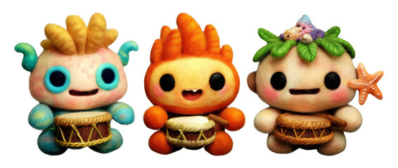 Colorful Plush Characters Playing Drums at Festival Celebration with Joyful Expression