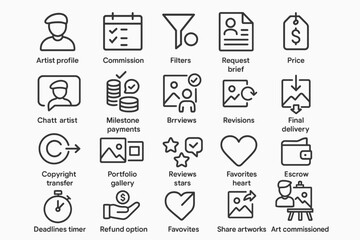 Art commission process icons: artist profile, payments, delivery, revisions