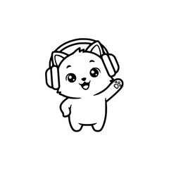 Cute Cat Mascot Line Art. Black and White Vector Icon of DJ Cat with Headphones for Music Logo, Podcast, Pet Shop Branding, Streaming, or Apparel/Sticker Design generative ai 
