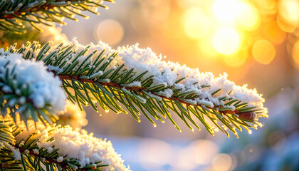 Snow laden fir tree branch illuminated by warm golden hour sunlight and bokeh winter