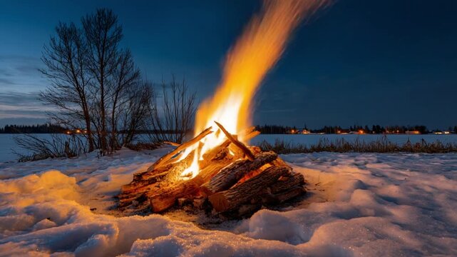 winter bonfire in snowy landscape, steam and sparks rising, cold blue environment contrasted with warm firelight