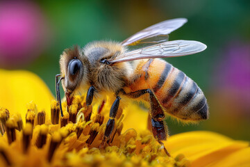 Honeybee collecting pollen on a bright yellow flower