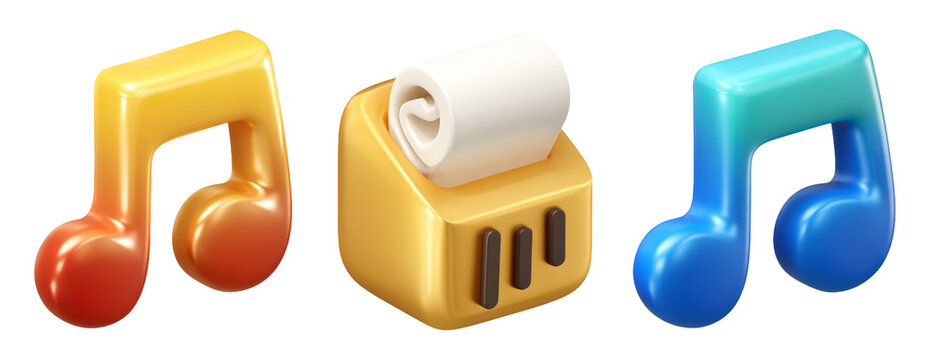 Colorful 3D Icons of Music Notes and Sound Elements in Glossy Style for Design Projects
