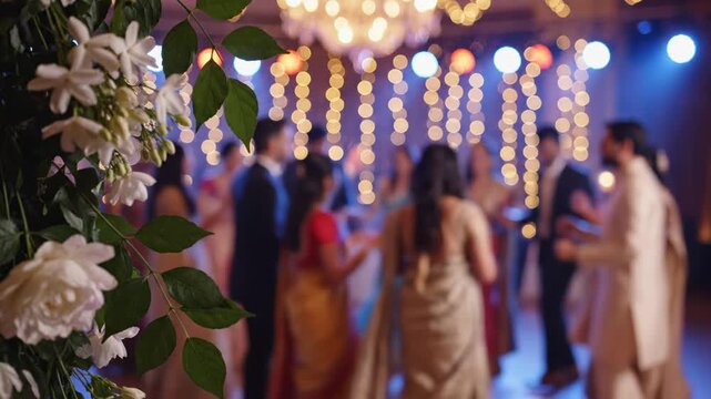 Closeup of white jasmine flowers with blurred background of people dancing at a festive celebration or wedding reception