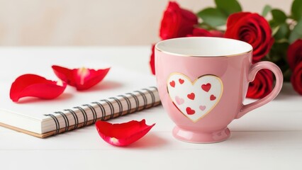 Pink ceramic mug with heart design, surrounded by red roses and flower petals