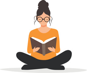 Young woman with glasses reading a book sitting cross legged casual learning illustration isolated on white background