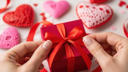 Gift box with red ribbon surrounded by heartshaped decorations