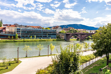 View of the Lent district along the Drava River, historic riverside promenade and cultural heart of Maribor, Slovenia, known for wine heritage, old town architecture and relaxed daily life.