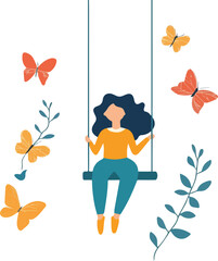 Woman swinging carefree surrounded by colorful butterflies and simple botanical plant illustrations vector art for mental wellness and nature enjoyment