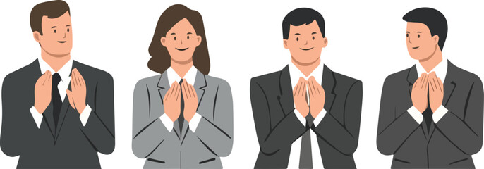 Asian Business People Group Praying Showing Respect or Gratitude in Namaste Gesture Flat Illustration