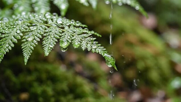 Fern Frond with Water Droplets - A Close-Up View.