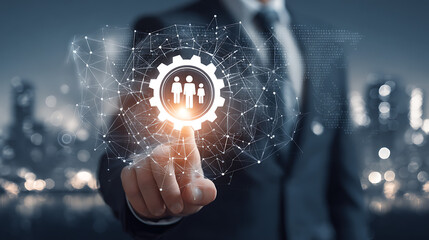 Businessman touching digital network with teamwork symbol image