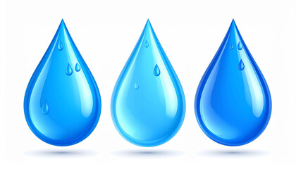 Three realistic blue water drops with smaller droplets on a white background Keywords: water drop, droplet, liquid