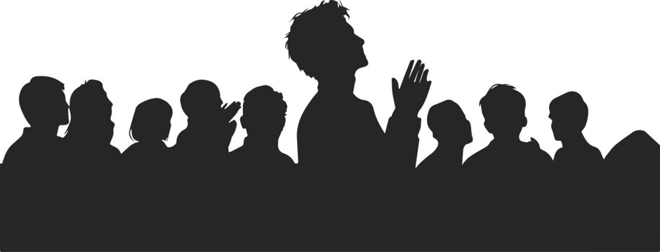 Silhouette of a group of people with one man looking up with hands raised praying worshiping mass gathering concept isolated on white background