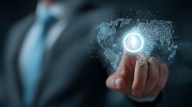 Businessman touching glowing digital world map with human icon suit finger - Powered by Adobe