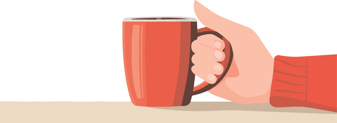 Hand holding a red coffee mug with a cozy sweater sleeve resting on a light beige surface minimal illustration for morning break or warm beverage concept