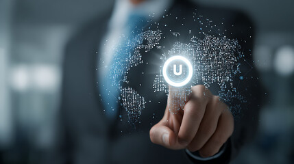 Businessman touching glowing digital globe with letter U image