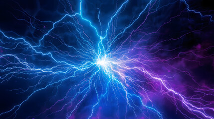 Powerful electrical discharge in blue and purple colors creating a dynamic energy field