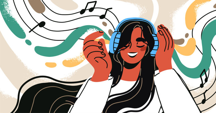 Music lover enjoying audio in headphones. Happy young black woman listening to song in head phones, favorite sound track. Smiling girl inspired by melody, soundtrack. Flat vector illustration.