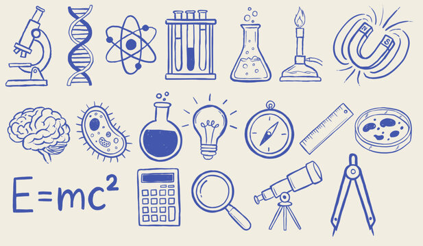 Whimsical Blue Science Icon Collection. Vector ink hand drawn doodle style. Sketchy Science Tools and Symbols.