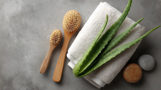 A spa-like setup with aloe vera, towels, and brushes arranged on a stone surface. The image evokes a sense of peace and relaxation