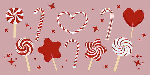 Vector illustration of a festive Christmas candy set with candy canes, heart and star lollipops, and striped sweets in red and white tones, perfect for winter holidays and romantic designs.