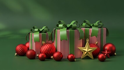 Beautiful christmas gifts with red ornaments and green ribbons