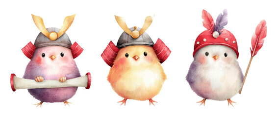 Fototapeta premium Tiny Samurai Chickens in Colorful Armor with Decorative Helmets and Scrolls