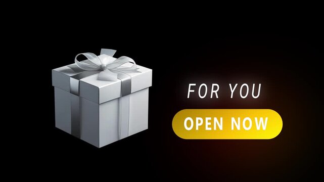 Animated Gift Presentation Featuring Open Now Button and Surprise Reveal on Dark Background