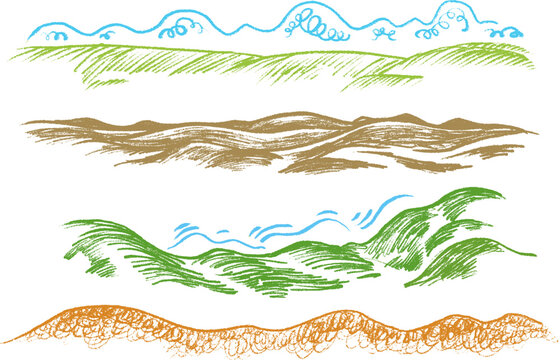 Set doodle cartoon nature panoramic landscape in hand drawn style made from pencil, marker or chalk crayon. Vector illustration decoration for children book.