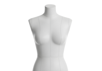 Clean white female mannequin torso with subtle seam lines on a minimalist black background