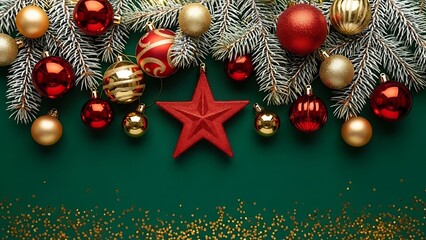 Christmas decoration with red star and ornaments on green background