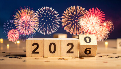Wooden blocks spelling 2026 with one block showing 0 and 6, amidst fireworks and confetti