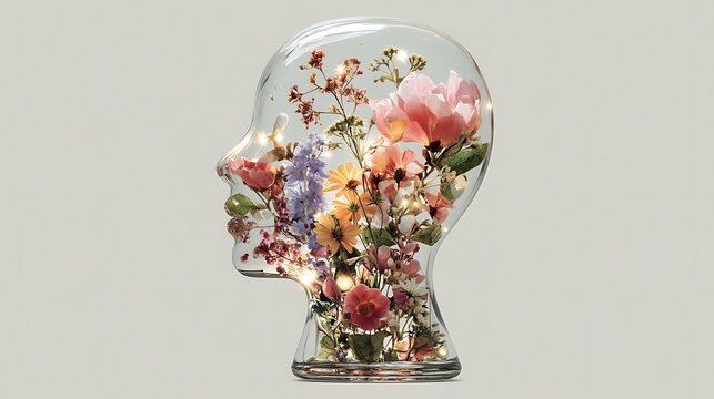 glass head filled with blooming flowers and gentle light, concept of mind growth and healing, minimalist style, 