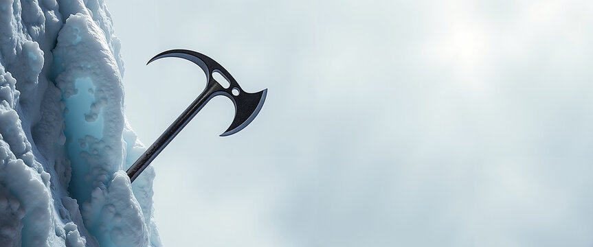 Ice axe embedded in frozen glacier under cloudy sky   - Powered by Adobe