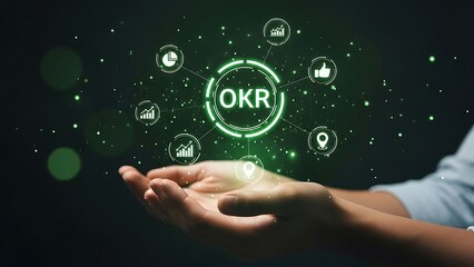 Futuristic Digital OKR Concept with Hand and Data Icons