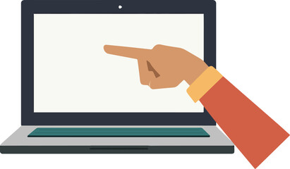 Hand pointing at blank laptop screen for web design presentation online learning digital interaction isolated on white background