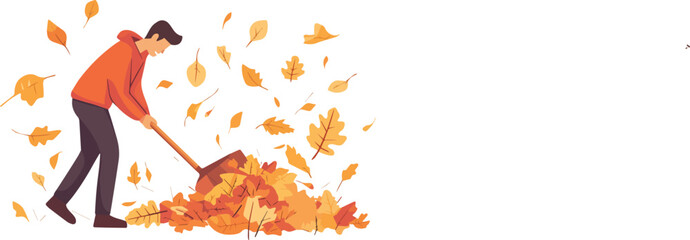 Young man raking pile of colorful falling autumn leaves with garden shovel seasonal yard work flat illustration isolated on white background © Hoody Baba