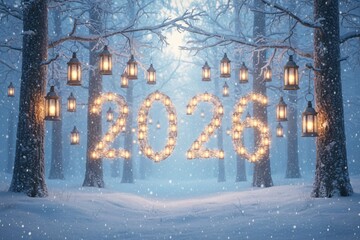 Magical Winter Forest with Glowing Lanterns Forming 2026 New Year Celebration