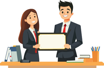 Happy Business People in Suits Presenting Blank Certificate or Award Diploma on Office Desk with Supplies