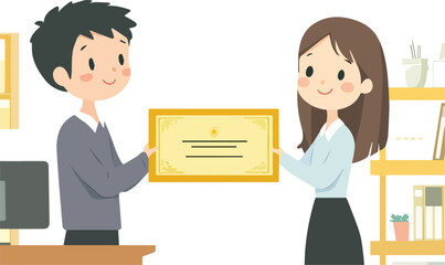 Cartoon business colleagues exchanging a framed certificate award for achievement or recognition in an office setting