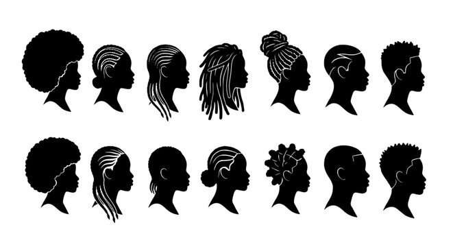 Row of Diverse Silhouetted Profiles with Varied Hairstyles in Black Vector Illustration